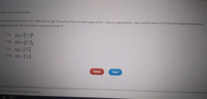 The domain of function f is (-00, 6) U (6,00). The value of the function approaches-example-1