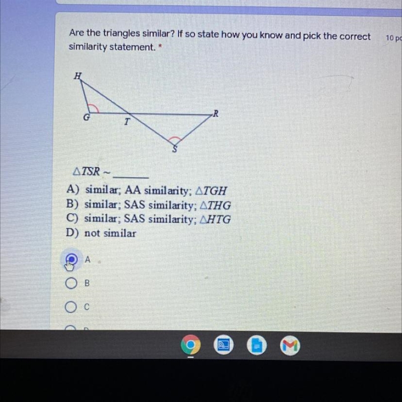 10 points Are the triangles similar? If so state how you know and pick the correct-example-1