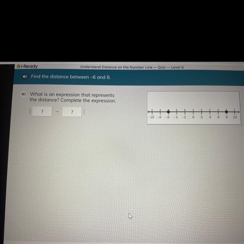 Find the distance between -6 and 8. What is an expression that represents the distance-example-1