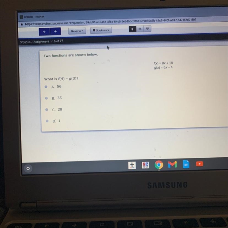 Two functions are shown below f(x)=8x+10 g(x)=6x-4 What is f(4)-g(3)?-example-1