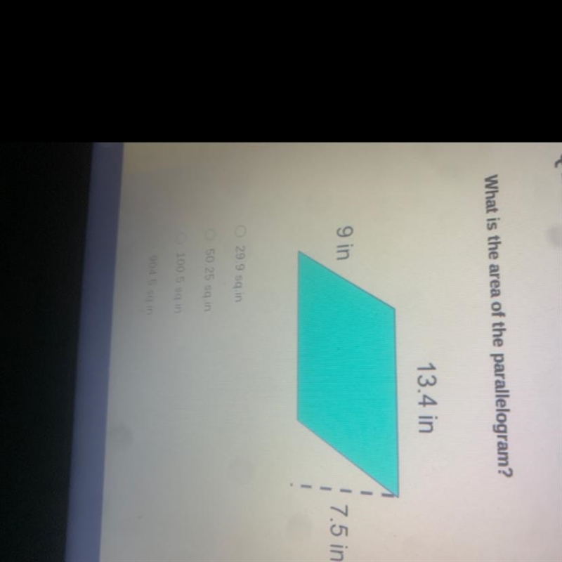 PLEASE ANSWER What is the area of the parallelogram? 13.4 in 7.5 in-example-1