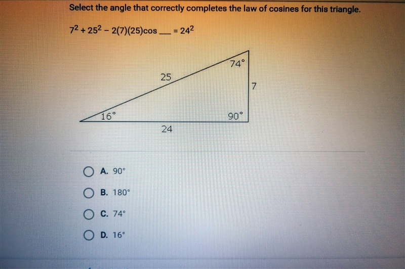 Trigonometry, Law of Cosines. Select the angle that correctly completes the law of-example-1