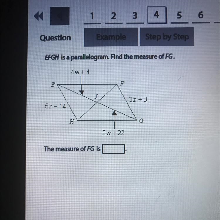 EFGH is a parallelogram. Find the measure of FG. 4w + 4 E F - 3z +8 52- 14 H G 2 w-example-1