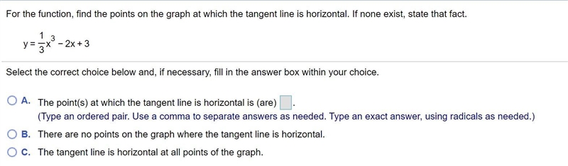 For the​ function, find the points on the graph at which the tangent line is horizontal-example-1