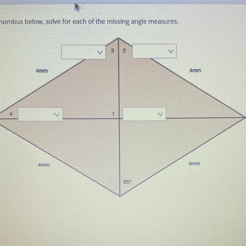 Using the Rhombus below, solve for each of the missing angle measures.-example-1