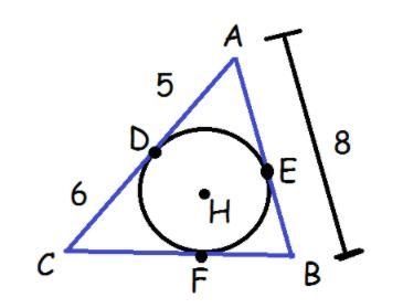 Triangle ABC is circumscribed about circle H, with points of tangency D, E, F. What-example-1