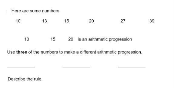 Here are some numbers 10 13 15 20 27 30 10 15 20 is tan arithmetic progression Use-example-1