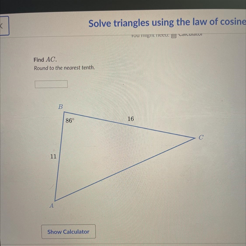 Find AC. Round to the nearest tenth. B 86° 16 С 11 A-example-1