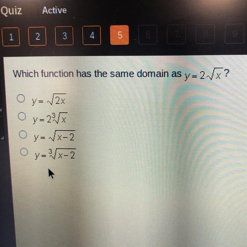 Which function has the same domain as y=2square root x? O y=square root of 2x O y-example-1