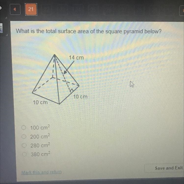 Vhat is the total surface area of the square pyramid below? 14 cm 10 cm 10 cm-example-1