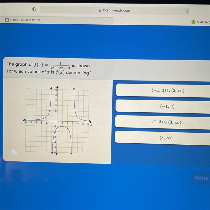 The graph of f(x)=4/x^2-2x-3 is shown. For which values of x is f(x) decreasing?-example-1