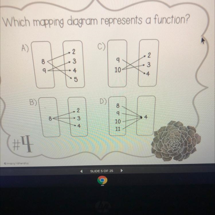 Which mapping diagram represents a function ? Would it be D?-example-1