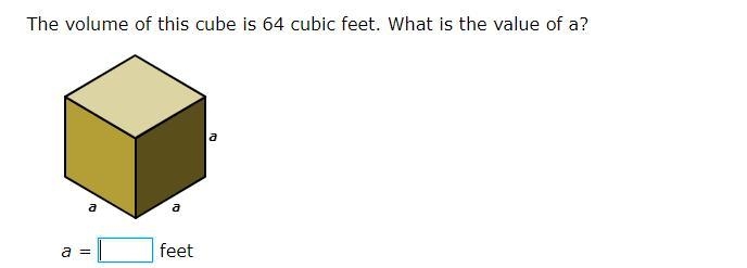 The volume of this cube is 64 cubic feet. What is the value of a?-example-1