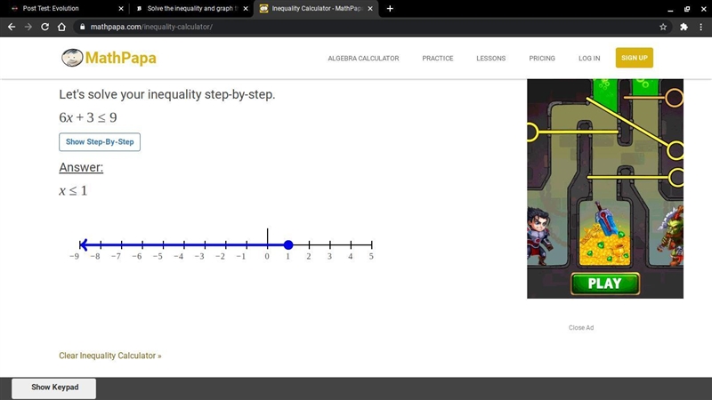 Solve the inequality and graph the solution on the line provided. 6x + 3 ≤ 9​-example-1