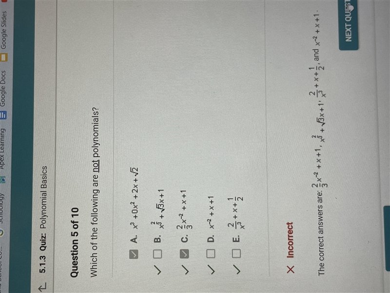 Which of the following are polynomials? A. x^2 + x + 1/x^2 + 1 B. 2/x^3 + x + 1/2 C-example-1