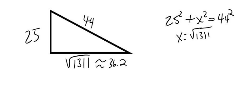 a right triangle has a leg length of 25 and a hypotenuse of length 44 yards what is-example-1