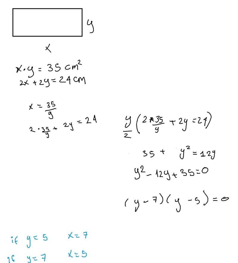 The area of a rectangle ink pad is 35 square cm. The perimeter is 24 cm what are the-example-1