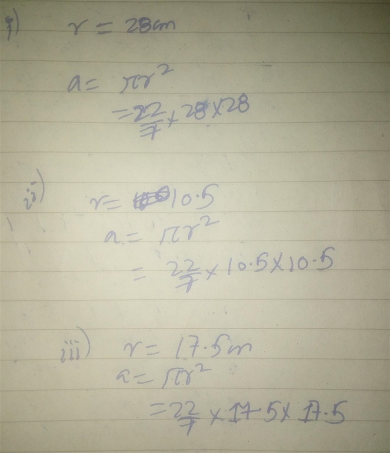 1. Radii of the circles are given below, find their areas. (1) 28 cm (2) 10.5 cm (3) 17.5 cm-example-1