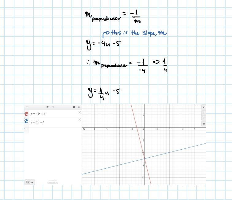 Which equation represents a line which is perpendicular to the line y=−4x−5?-example-1