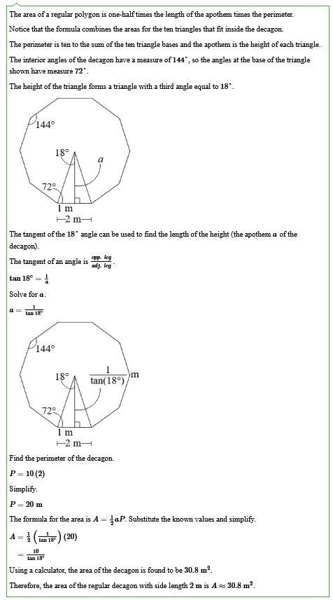 Identify the area of a regular decagon with side length 2 m rounded to the nearest-example-1