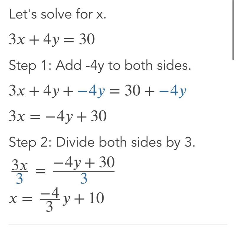 What is the value of y in the solution to the system of equations? 3x + 4y = 30 3x-example-1