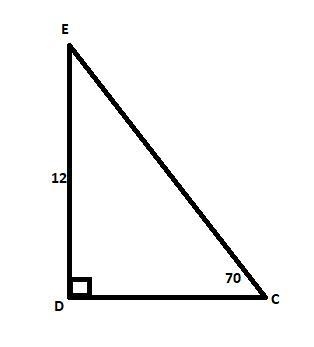 In ΔCDE, the measure of ∠E=90°, the measure of ∠C=70°, and DE = 12 feet. Find the-example-1