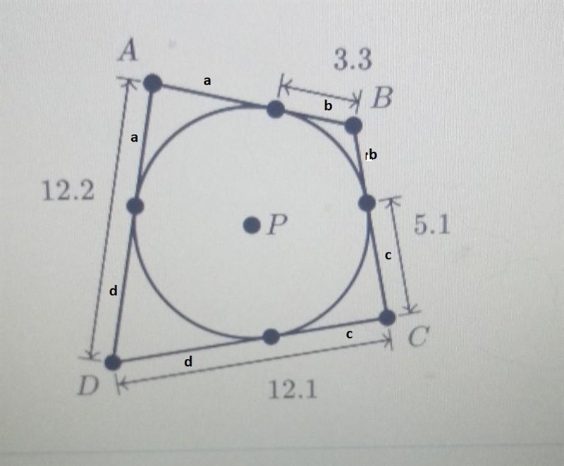 All sides of quadrilateral ABCD ABCD A, B, C, D are tangent to circle PPP. What is-example-1