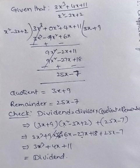 Divide: (3x³+4x+11)/(x²-3x+2)​-example-1