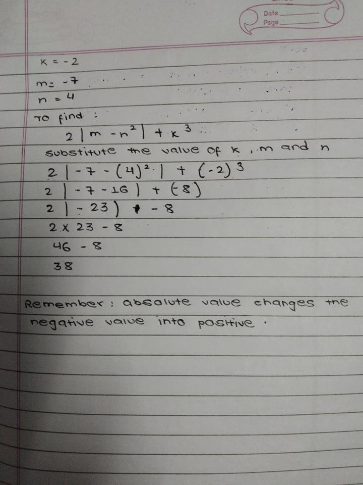 2 |m - n²| + k³ (if k = -2, m = -7, and n = 4) (Those aren't 1s, they're the absolute-example-1