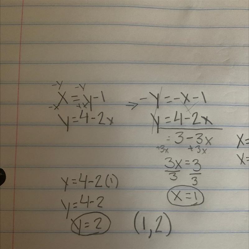 X=y-1 y=4-2x solve by using the substitution method. pls explain how you did it too-example-1