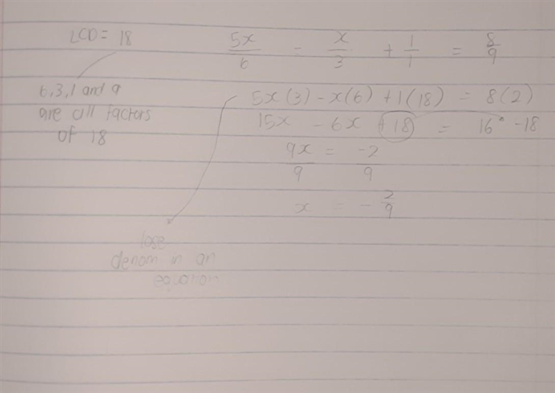 5x/6-x/3+1 =8/9 Find the LCD that would eliminate the fractions-example-1