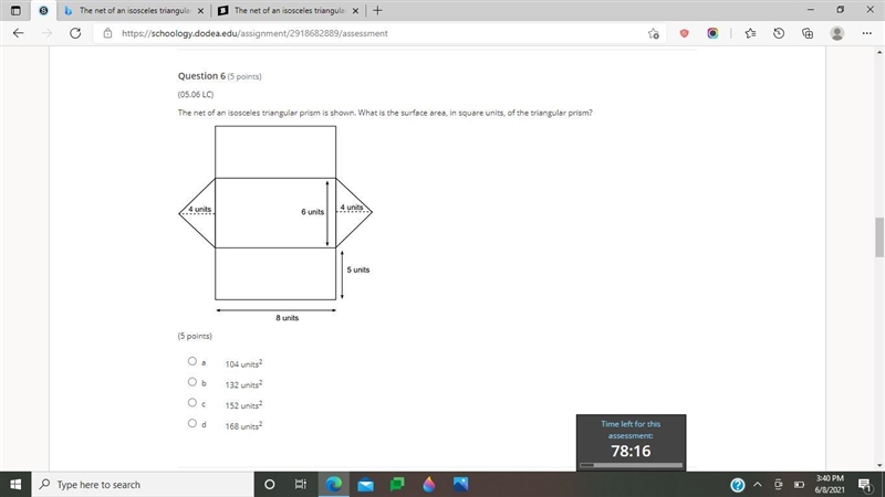 The net of an isosceles triangular prism is shown. What is the surface area, in square-example-1