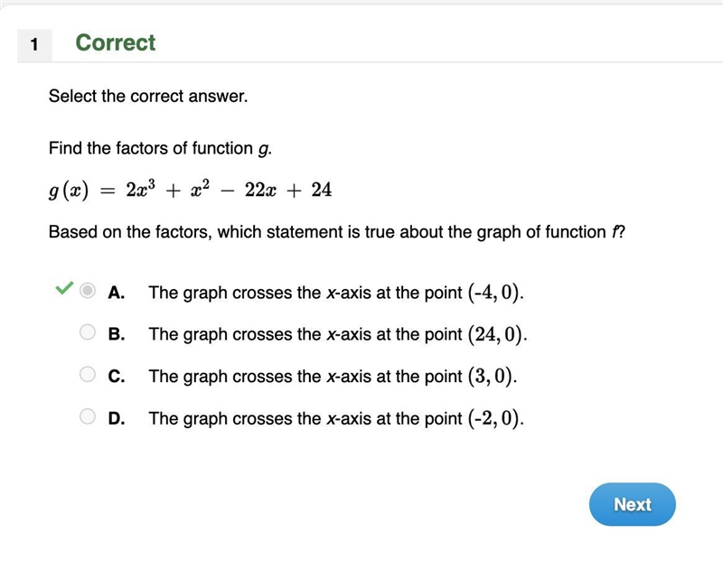 Find the factors of function g. Based on the factors, which statement is true about-example-1