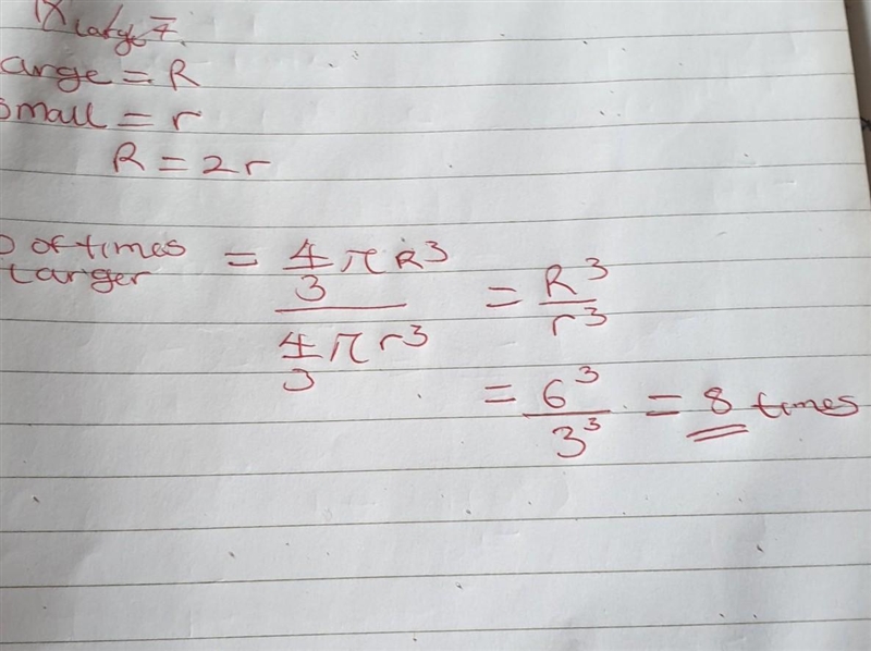 The radius of the large sphere is double the radius of the small sphere. 2 spheres-example-1