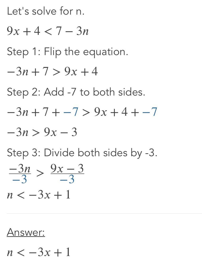 What is the solution of 9x+4<7-3n IF X is an element of whole number-example-2