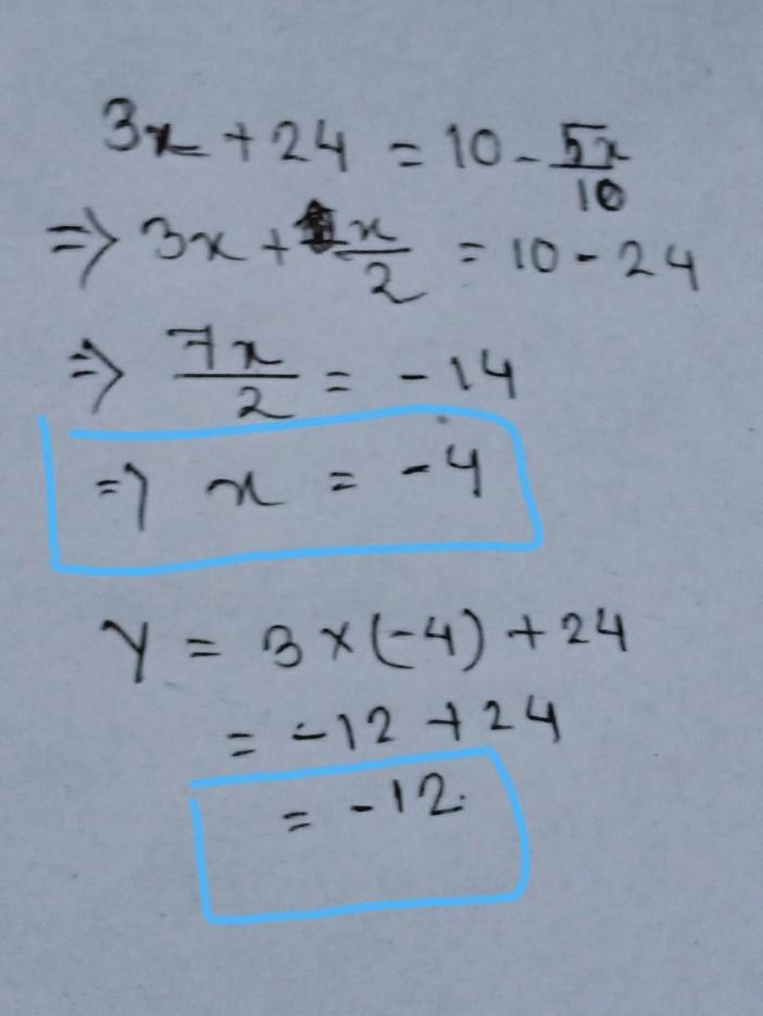 Which of the following is a solution to the system of equations? y= 3x+24 y=10-0.5x-example-1