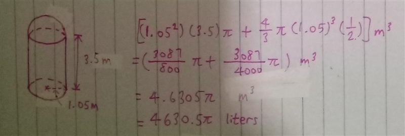 A person bought a water tank of circular base having the radius 1.05 meter and height-example-1