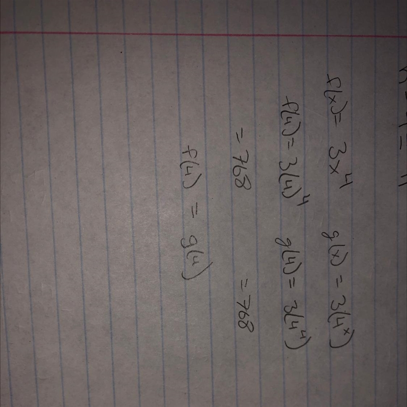 Given the functions f(x) =3x^4 and g(x) = 3 times 4^x,which of the following statements-example-1