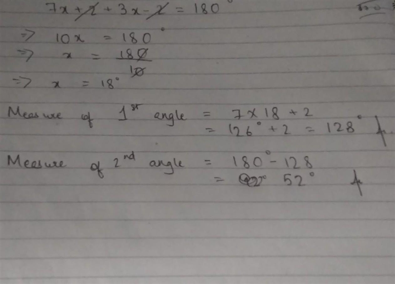 Two angles are complementary. They have measures of (7x+2) degrees and (3x-2) degrees-example-1