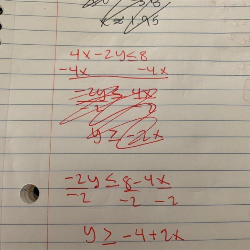 Which inequality is equivalent to 4x-2y≤8? A. y≤-2x-4 B. y≥2x-4 C. y≤2x-4 D. y≥-2x-example-1