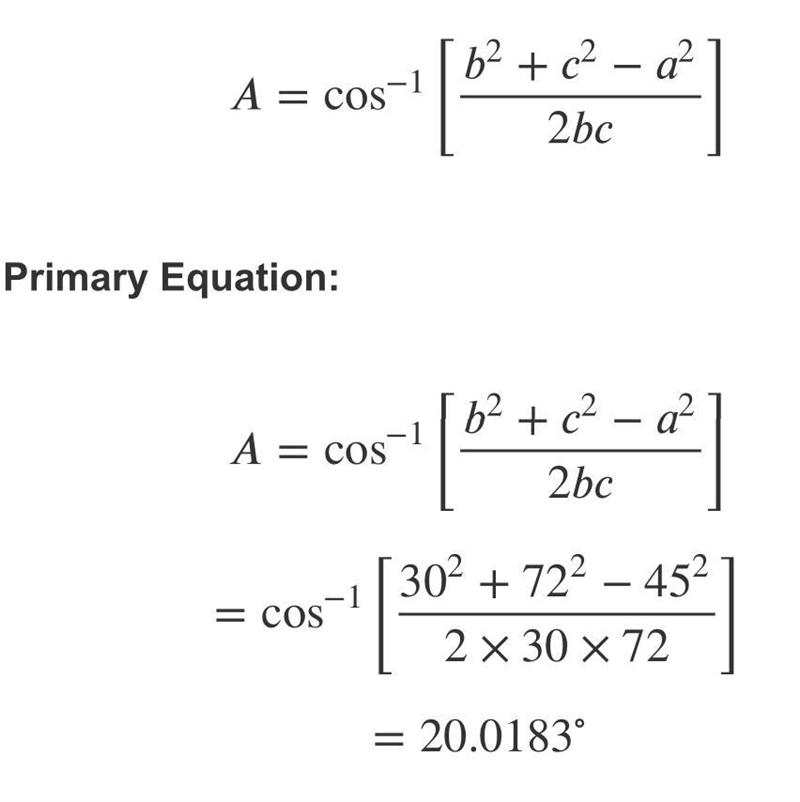 Use the law of cosines to solve the triangle. a=45,b=30,c=72-example-1