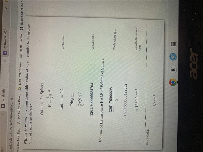 what is the volume of a sphere with a radius of 9.2cm, rounded to the nearest tenth-example-1