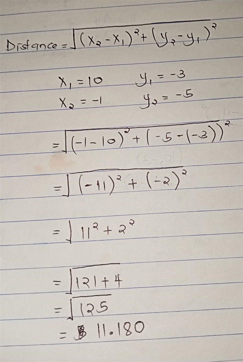 Let X=[10 -3] and y=[-1 -5] then the distance between X and y is​-example-1