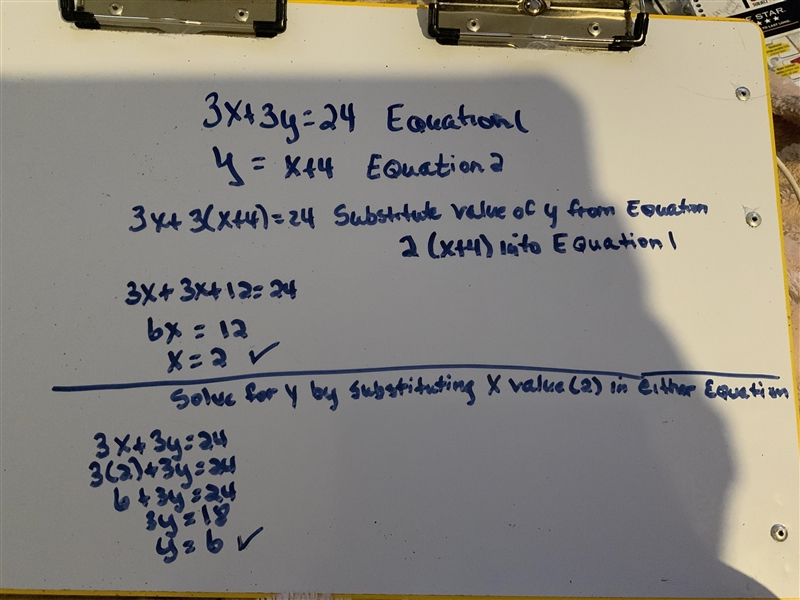 Use substitution to solve the following system of equations. 3x + 3y = 24 AND y = x-example-1