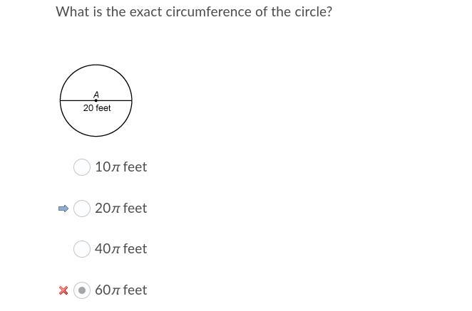 What is the exact circumference of the circle? A. 10 FT B. 20 FT C. 40 FT D. 60 FT-example-1