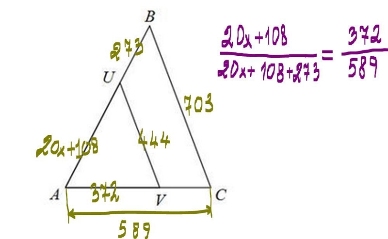 Given that the two triangles are similar, solve for x if AU = 20x + 108, UB = 273, BC-example-1