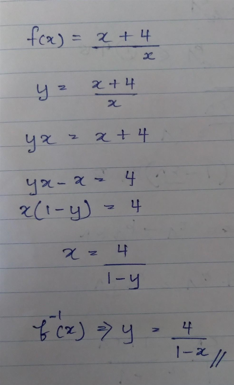 Find the inverse of f(x) =X+4/x-example-1