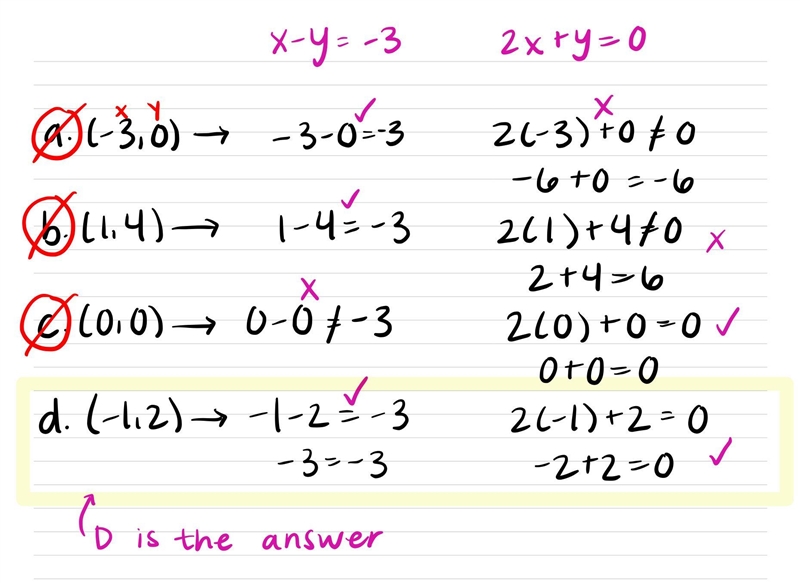 What ordered pair is the solution of x-y=-3 2x+y=0 A. (-3,0) B. (1,4) C. (0,0) D. (-1,2)-example-1