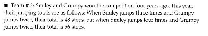 Smiley and Grumpy won the competition 4 years ago. This year, their jumping totals-example-1