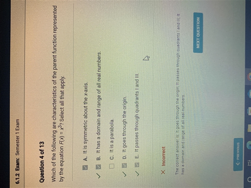 Help a brother out!! Which of the following are characteristics of the parent function-example-1